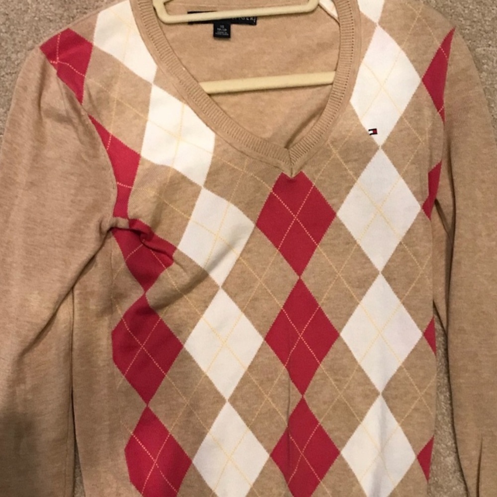 Tommy Hilfiger Womens Sweater XS Argyle Tan and pink